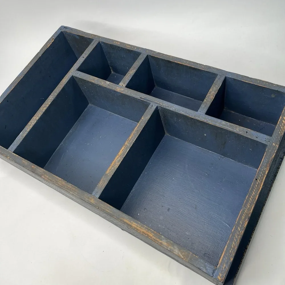 Rustic Wooden Desk Organizer Tray Distressed Navy Blue Wall Hanging Cottagecore